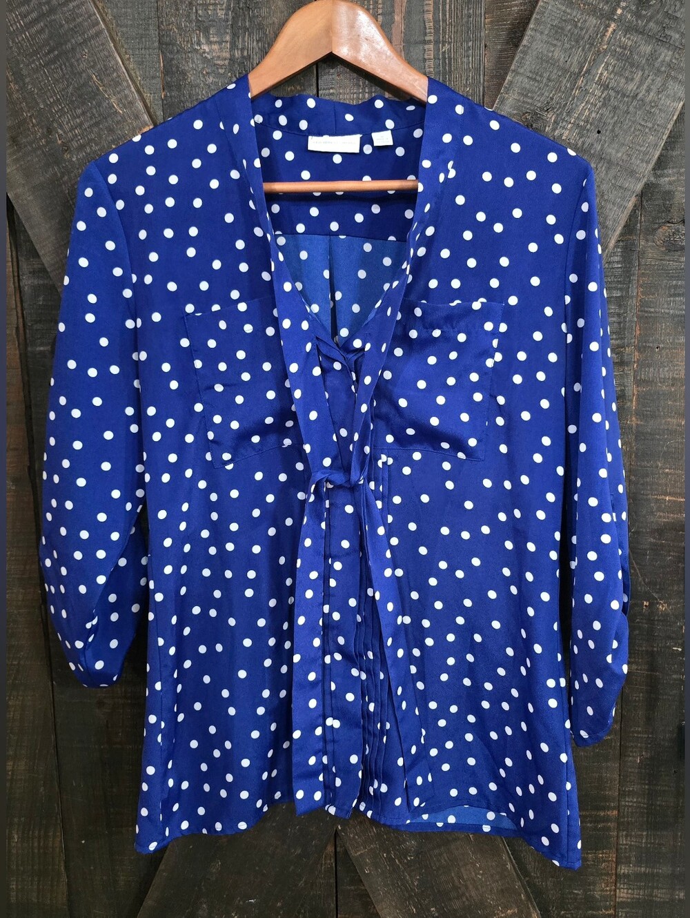 New York & Co. Women’s Blue Polka Dot Tie-Front Blouse Sz Medium
